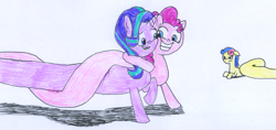 Size: 1244x588 | Tagged: safe, artist:rizdub, bon bon, pinkie pie, starlight glimmer, sweetie drops, earth pony, pony, unicorn, g4, long glimmer, long pony, longbon, meme, traditional art