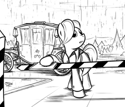 Size: 700x600 | Tagged: safe, artist:sirvalter, oc, oc only, earth pony, pony, fanfic:steyblridge chronicle, black and white, carriage, clothes, fanfic, fanfic art, forest, grayscale, hooves, illustration, male, monochrome, outdoors, research institute, solo, stallion, tree