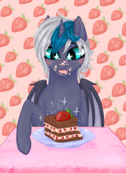 Size: 2493x3421 | Tagged: safe, artist:juliusglotov, oc, oc only, oc:elizabat stormfeather, alicorn, bat pony, bat pony alicorn, pony, alicorn oc, bat pony oc, bat wings, blushing, cake, chocolate, cream, female, food, high res, horn, mare, messy eating, open mouth, plate, solo, strawberry, table, wings, ych result