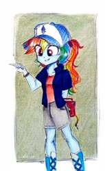 Size: 2171x3548 | Tagged: safe, artist:liaaqila, rainbow dash, equestria girls, g4, cap, clothes, cosplay, costume, crossover, dipper pines, disney, gravity falls, hat, high res, male, shorts, traditional art
