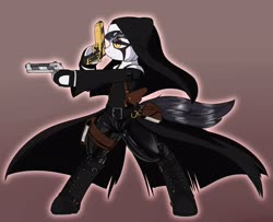 Size: 3168x2576 | Tagged: safe, artist:lockheart, oc, oc only, oc:nunpone, earth pony, semi-anthro, arm hooves, book, boots, dexterous hooves, female, gradient background, gun, habit, handgun, high res, hoof hold, mare, nun, pistol, shoes, solo