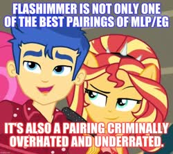 Size: 1080x960 | Tagged: safe, edit, edited screencap, screencap, flash sentry, sunset shimmer, cheer you on, equestria girls, g4, my little pony equestria girls: better together, caption, cropped, female, fun fact, image macro, male, meme, ship:flashimmer, shipping, straight, text