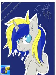 Size: 1080x1440 | Tagged: safe, artist:_wulfie, oc, oc only, oc:double play, pony, unicorn, abstract background, chest fluff, ear fluff, horn, male, smiling, solo, stallion, text, unicorn oc