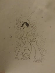 Size: 1536x2048 | Tagged: safe, artist:_wulfie, oc, oc only, oc:glam button, pony, unicorn, clothes, eyelashes, female, horn, lineart, looking up, mare, open mouth, scarf, smiling, snow, solo, traditional art, unicorn oc, unshorn fetlocks