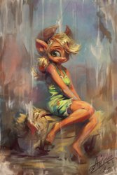 Size: 800x1200 | Tagged: safe, artist:assasinmonkey, applejack, earth pony, anthro, unguligrade anthro, g4, clothes, colored hooves, cottagecore, cowboy hat, digital painting, dress, female, hat, hay bale, looking at you, mare, sitting, solo, sundress