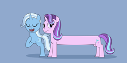 Size: 3607x1783 | Tagged: safe, alternate version, artist:gd_inuk, starlight glimmer, trixie, pony, unicorn, two legged creature, g4, blue background, eyes closed, long glimmer, long pony, meme, simple background, starlight glimmer is not amused, unamused, wat