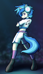 Size: 2300x4000 | Tagged: safe, artist:ohemo, dj pon-3, vinyl scratch, anthro, unguligrade anthro, g4, abstract background, boots, clothes, female, high res, hoof boots, kneesocks, looking at you, looking back, mare, midriff, profile, shoes, short shirt, shorts, smiling, socks, solo