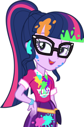 Size: 1000x1517 | Tagged: safe, artist:phucknuckl, sci-twi, twilight sparkle, equestria girls, equestria girls specials, g4, my little pony equestria girls: better together, my little pony equestria girls: sunset's backstage pass, dirty, female, glasses, music festival outfit, paint, ponytail, simple background, solo, stain, transparent background, vector