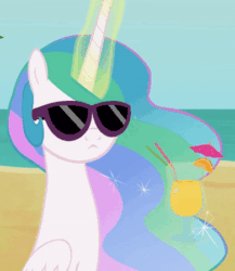 Size: 390x450 | Tagged: safe, artist:agrol, edit, princess celestia, alicorn, pony, how to be a princess, g4, animated, beach, chillaxing, cocktail umbrella, cropped, drink, female, gif, levitation, magic, mare, relaxing, solo, straw, sunglasses, telekinesis
