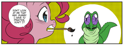 Size: 1811x681 | Tagged: safe, artist:nekoshiei, color edit, edit, editor:anonycat, seven seas, gummy, pinkie pie, alligator, earth pony, pony, g4, my little pony: the manga, my little pony: the manga - a day in the life of equestria vol. 2, colored, cropped, female, male, mare, mouth hold, paintbrush