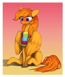 Size: 1000x1189 | Tagged: safe, artist:redruin01, oc, oc only, oc:amber dart, pegasus, pony, abstract background, blushing, clothes, cute, missing cutie mark, pegasus oc, scarf, simple background, sitting, solo, wings
