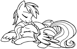 Size: 1830x1174 | Tagged: safe, alternate version, artist:pinkamenaspy, big macintosh, fluttershy, earth pony, pegasus, pony, g4, black and white, cuddling, cute, eyes closed, female, grayscale, lineart, male, mare, monochrome, prone, ship:fluttermac, shipping, simple background, smiling, stallion, straight, white background