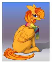 Size: 1000x1240 | Tagged: safe, artist:redruin01, oc, oc only, oc:amber dart, pegasus, pony, abstract background, clothes, missing cutie mark, pegasus oc, scarf, simple background, sitting, solo, wings