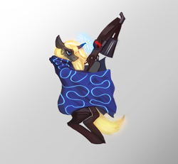 Size: 2300x2124 | Tagged: safe, artist:nsilverdraws, oc, oc only, oc:vuren sundown, horse, pony, unicorn, angry, boots, cloak, clothes, crossbow, female, glowing mane, glowing tail, high res, mare, shoes, simple background, solo, sundown clan, weapon