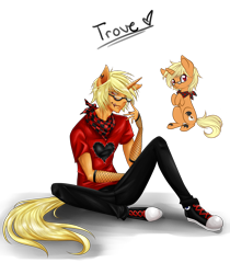 Size: 2247x2669 | Tagged: safe, artist:magicarin, oc, oc only, pony, unicorn, anthro, plantigrade anthro, anthro with ponies, blood, clothes, duo, ear piercing, earring, glasses, high res, jewelry, licking, licking lips, male, neckerchief, piercing, simple background, sitting, smiling, stallion, tongue out, transparent background