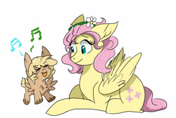 Size: 3000x2000 | Tagged: safe, artist:scarletskitty12, fluttershy, oc, oc:wren, pegasus, pony, g4, chest fluff, duo, female, filly, floppy ears, flower, flower in hair, fluffy, fluttermom, high res, mare, mother and child, mother and daughter, music notes, offspring, parent:bulk biceps, parent:fluttershy, parents:flutterbulk, prone, simple background, singing, white background