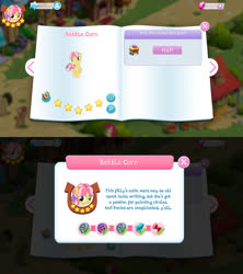 Size: 1280x1440 | Tagged: safe, gameloft, kettle corn, earth pony, pony, g4, bio, female, filly, game screencap, gem, introduction card, solo, stars, tree