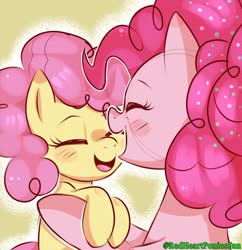 Size: 1600x1654 | Tagged: safe, artist:redheartponiesfan, li'l cheese, pinkie pie, earth pony, pony, g4, the last problem, blushing, cute, diapinkes, duo, eyes closed, female, foal, holding a pony, li'l cuteese, mare, mother and child, older, older pinkie pie