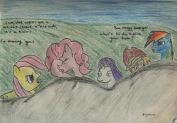 Size: 2283x1591 | Tagged: safe, artist:dogezon, applejack, fluttershy, pinkie pie, rainbow dash, rarity, pony, g4, crossover, female, mare, monty python, monty python and the holy grail, this will end in death, traditional art