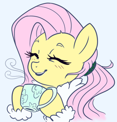 Size: 2276x2368 | Tagged: safe, artist:sorcerushorserus, color edit, colorist:xbi, edit, editor:xbi, fluttershy, pegasus, pony, alternate hairstyle, blushing, bust, clothes, coat, colored, cup, cute, eyes closed, female, hoof hold, mare, ponytail, shyabetes, simple background, smiling, solo, teacup