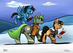 Size: 1920x1397 | Tagged: safe, artist:khaki-cap, oc, oc:rosetta "rose" stone, oc:sugar rush (coldness), oc:ted macbuckling, earth pony, pegasus, pony, unicorn, spoiler:coldness, book, clothes, cloud, cutie mark, earth pony oc, female, flying, hill, horn, male, mare, notes, pegasus oc, school research team, ski goggles, snow, stallion, unicorn oc, upcomming characters, wings, winter outfit, zeb'broni