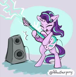 Size: 2041x2048 | Tagged: safe, artist:aanotherpony, starlight glimmer, pony, unicorn, g4, bipedal, cute, excited, eyes closed, female, guitar, high res, hoof hold, musical instrument, playing instrument, rock (music), solo, speaker