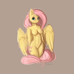 Size: 4000x4000 | Tagged: safe, artist:miokomata, fluttershy, pegasus, anthro, g4, abstract background, adorasexy, barbie doll anatomy, beautiful, belly, belly button, blushing, both cutie marks, breasts, busty fluttershy, chest fluff, cute, fangs, featureless breasts, featureless crotch, female, freckles, freckleshy, gray background, looking at you, mare, nudity, sexy, shyabetes, signature, simple background, smiling, solo, spread wings, thick, thighs, wide hips, wings