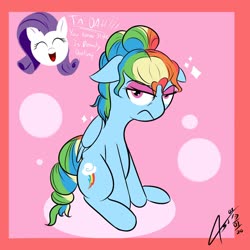 Size: 1900x1900 | Tagged: safe, artist:asajiopie01, rainbow dash, rarity, pegasus, pony, unicorn, g4, alternate hairstyle, and then there's rarity, darling, eyeshadow, forced makeover, lost bet, makeup, missing horn, rainbow dash is not amused, unamused