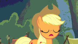 Size: 640x360 | Tagged: safe, screencap, applejack, dust brush, gentiana, indiana pones, petunia paleo, professor fossil, bird, earth pony, pony, g4, season 7, shadow play, animated, boulder, colt, earth pony strength, female, filly, gif, indiana jones, male, mare, moment of awesome, pint-sized powerhouse, powerful, proud, raised eyebrow, rock, stallion, strong, super strength