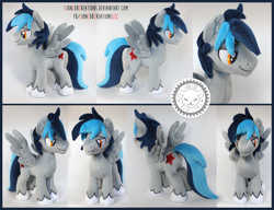 Size: 2000x1533 | Tagged: safe, artist:lioncubcreations, oc, oc only, pegasus, pony, commission, gray, irl, male, multiple views, photo, plush artist, plushie, smiling, smirk, solo, spread wings, stallion, stars, unshorn fetlocks, wings