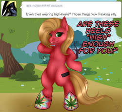 Size: 869x800 | Tagged: safe, artist:arcanafox, earth pony, pony, ask pun, ask, bipedal, clothes, drugs, female, mare, marijuana, shoes, solo