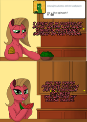 Size: 1139x1602 | Tagged: safe, artist:exelzior, oc, oc only, oc:pun, earth pony, pony, ask pun, ask, bowl, bread, female, food, mare, solo, watermelon