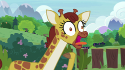 Size: 1920x1080 | Tagged: safe, screencap, clementine, giraffe, g4, she talks to angel, cloven hooves, female, giraffes doing giraffe things, raised hoof, solo, sweet feather sanctuary, tongue out