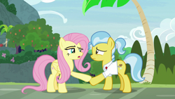 Size: 1920x1080 | Tagged: safe, screencap, angel bunny, doctor fauna, fluttershy, earth pony, pegasus, pony, g4, she talks to angel, asking, body swap, clothes, duo, female, folded wings, indifferent, looking at each other, male, mare, narrowed eyes, not fluttershy, ponytail, pushing, raised eyebrow, shirt, tail wrap, worried