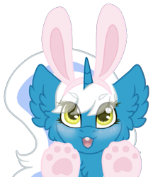 Size: 465x538 | Tagged: safe, artist:brendalobinha, oc, oc only, oc:fleurbelle, alicorn, pony, blushing, bunny ears, chest fluff, ear fluff, easter, easter bunny, female, holiday, mare, paw pads, paws, simple background, solo, transparent background, wingding eyes