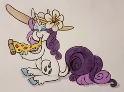 Size: 1280x959 | Tagged: safe, artist:ask-pinkie-polkadot-pie, rarity, pony, unicorn, g4, female, food, hat, mare, meat, pepperoni, pepperoni pizza, pizza, solo, sun hat, traditional art
