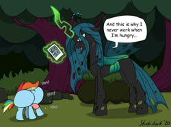 Size: 1406x1040 | Tagged: safe, artist:strebiskunk, mean rainbow dash, queen chrysalis, changeling, changeling queen, g4, the mean 6, butt, buttface, clone, female, rainbutt dash, spell gone wrong, tongue out, what has magic done