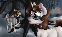 Size: 5000x3000 | Tagged: safe, artist:tai kai, oc, oc:tai, pony, unicorn, antlers, brown mane, clothes, curious, digital art, first meeting, forest, furry oc, glasses, green eyes, scarf, snow, white fur, winter