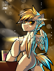 Size: 1533x2000 | Tagged: safe, artist:movieskywalker, derpibooru exclusive, oc, oc only, pegasus, pony, bipedal, blank flank, butt, chest fluff, looking at you, looking back, looking back at you, male, pegasus oc, pinup, plot, red wine, smiling, smiling at you, solo, stallion, table, wings