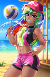 Size: 800x1237 | Tagged: safe, artist:racoonsan, color edit, edit, editor:drakeyc, kotobukiya, rainbow dash, equestria girls, equestria girls series, forgotten friendship, g4, adorasexy, anime, armpits, beach, belly button, bikini, board shorts, breasts, clothes, colored, cute, dark skin, dashabetes, delicious flat chest, equestria girls outfit, female, fit, hand on hip, hat, human coloration, kotobukiya rainbow dash, looking at you, midriff, rainbow flat, sexy, shorts, skin color edit, slender, solo, sports, sports bra, swimsuit, tan, tankini, thighs, thin, volleyball