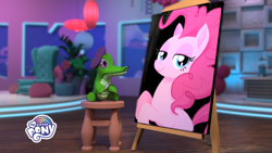 Size: 1920x1080 | Tagged: safe, screencap, gummy, pinkie pie, alligator, pony, g4, hello pinkie pie, 3d, beret, easel, facial hair, hat, moustache, paintbrush, painting, stage, stool