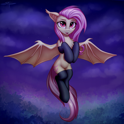 Size: 3000x3000 | Tagged: safe, alternate version, artist:setharu, fluttershy, bat pony, pony, g4, adorkable, bat ponified, bat wings, chest fluff, clothes, cute, dork, female, flutterbat, flying, high res, looking at you, mare, race swap, shyabates, shyabetes, socks, solo, spread wings, thigh highs, wings