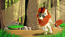 Size: 3840x2160 | Tagged: safe, artist:spellboundcanvas, autumn blaze, kirin, crepuscular rays, female, forest, kirin day, looking at you, outdoors, raised hoof, rock, smiling, solo, three quarter view, tree