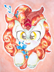 Size: 2932x3909 | Tagged: safe, artist:papersurgery, autumn blaze, kirin, g4, bust, cloven hooves, female, flower, foal's breath, front view, full face view, high res, kirin day, open mouth, portrait, smiling, solo, traditional art, watercolor painting