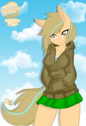 Size: 696x1024 | Tagged: safe, artist:ambris, artist:grithcourage, oc, oc only, oc:grith courage, anthro, clothes, cute, female, jacket, looking at you, skirt, sky background, solo, trace, watermark