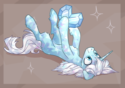 Size: 4093x2894 | Tagged: safe, artist:shore2020, oc, oc only, oc:crystal trundra, oc:crystal tundra, crystal pony, crystal unicorn, pony, unicorn, brown background, crystal heart, crystallized, fluffy, on back, simple background, solo, sparkles