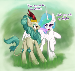 Size: 2500x2350 | Tagged: safe, artist:litrojia, princess celestia, rain shine, alicorn, kirin, pony, g4, blushing, butt, confused, crack shipping, dialogue, female, flirting, head tilt, high res, interspecies, kirin day, lesbian, looking at each other, mare, pickup lines, plot, rainlestia, raised hoof, raised leg, red eyes, shipping, smiling, spread wings, wings
