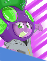 Size: 3137x4096 | Tagged: safe, artist:xxpaw2001xx, spike, dragon, g4, my little pony: friendship is magic, she's all yak, clothes, costume, dj scales and tail, hoodie, male, smiling