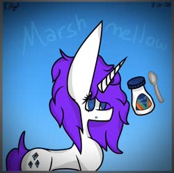 Size: 828x824 | Tagged: safe, artist:kittycatrittycat, rarity, pony, unicorn, g4, cute, cutie mark, drool, faded background, female, food, impossibly large ears, jet-puff, marshmallow, missing body part, raribetes, rarity is a marshmallow, solo, spoon