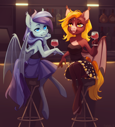Size: 1774x1950 | Tagged: safe, artist:saharab, oc, oc only, oc:fire glow, oc:mirage d'or argenta, bat pony, anthro, unguligrade anthro, adorasexy, alcohol, anthro oc, backless, bar, barstool, bat pony oc, bat wings, beautiful, blaze (coat marking), blonde, body freckles, clothes, coat markings, cocktail dress, cute, cute little fangs, dress, duo, ear fluff, ear tufts, eyelashes, eyeshadow, facial markings, fangs, female, freckles, glass, looking at you, makeup, mare, membranous wings, ocbetes, pale belly, sexy, shoulder freckles, sitting, slit pupils, smiling, socks, stockings, strapless, thigh highs, wine, wine glass, wings